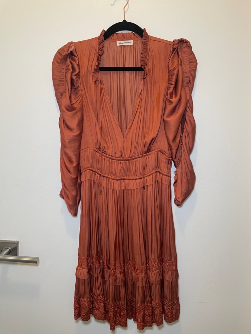 Ulla Johnson Burnt Orange Pleated V-Neck Midi Dress